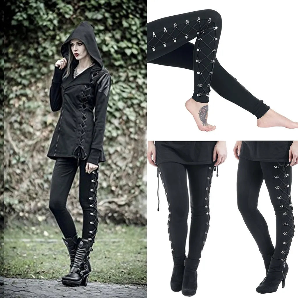 Gothic Leggings Black Vintage Women Punk Lace Up Bottoms Steampunk Pants Legging