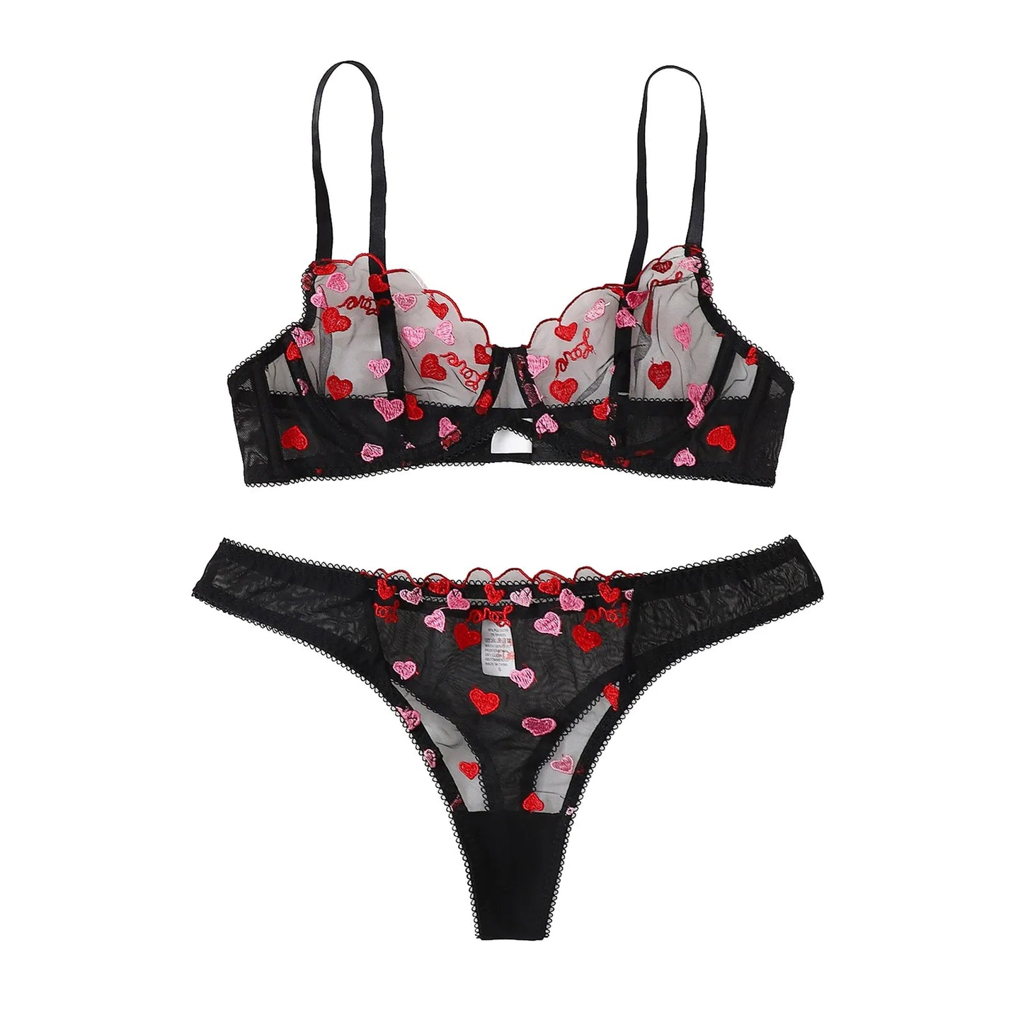 Sexy Lingerie Set Women Embroidery Heart Shape Lace Lingerie Perspective Mesh Bra Briefs Set