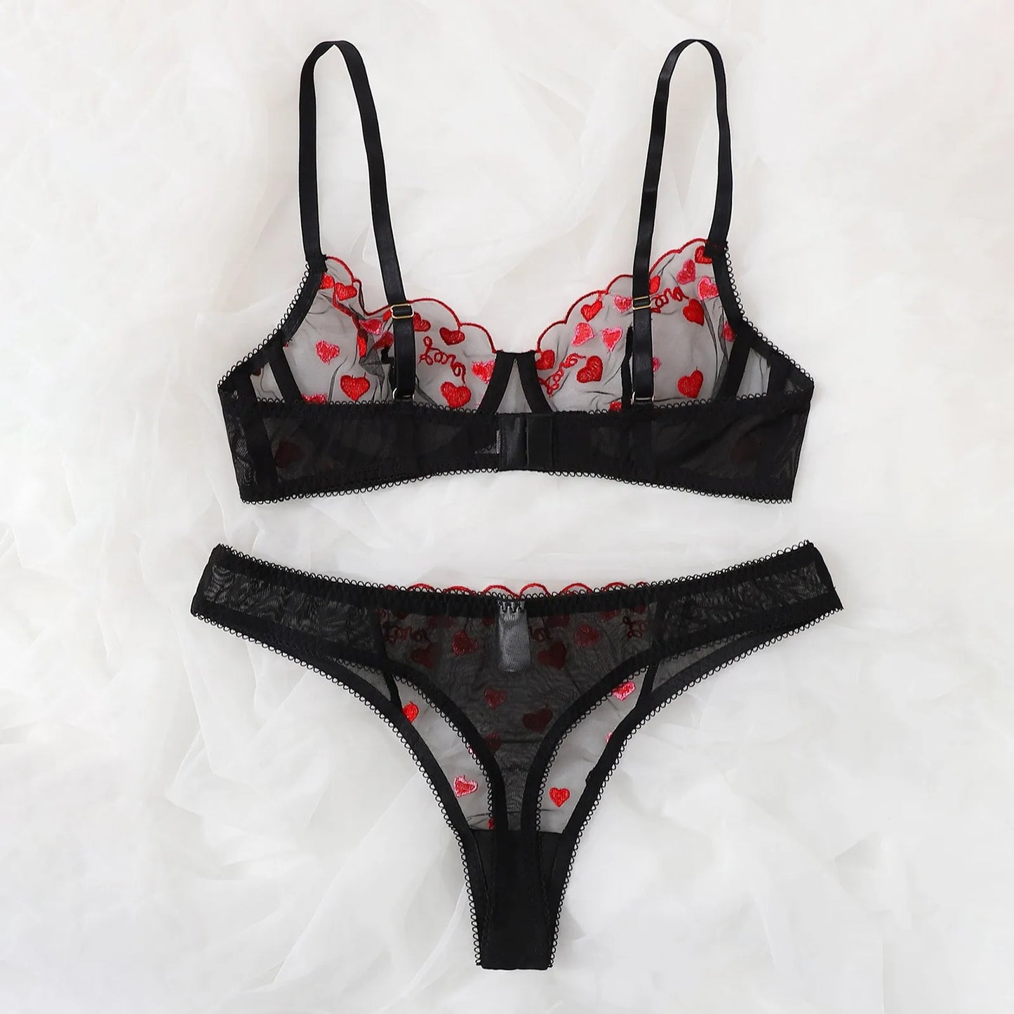 Sexy Lingerie Set Women Embroidery Heart Shape Lace Lingerie Perspective Mesh Bra Briefs Set
