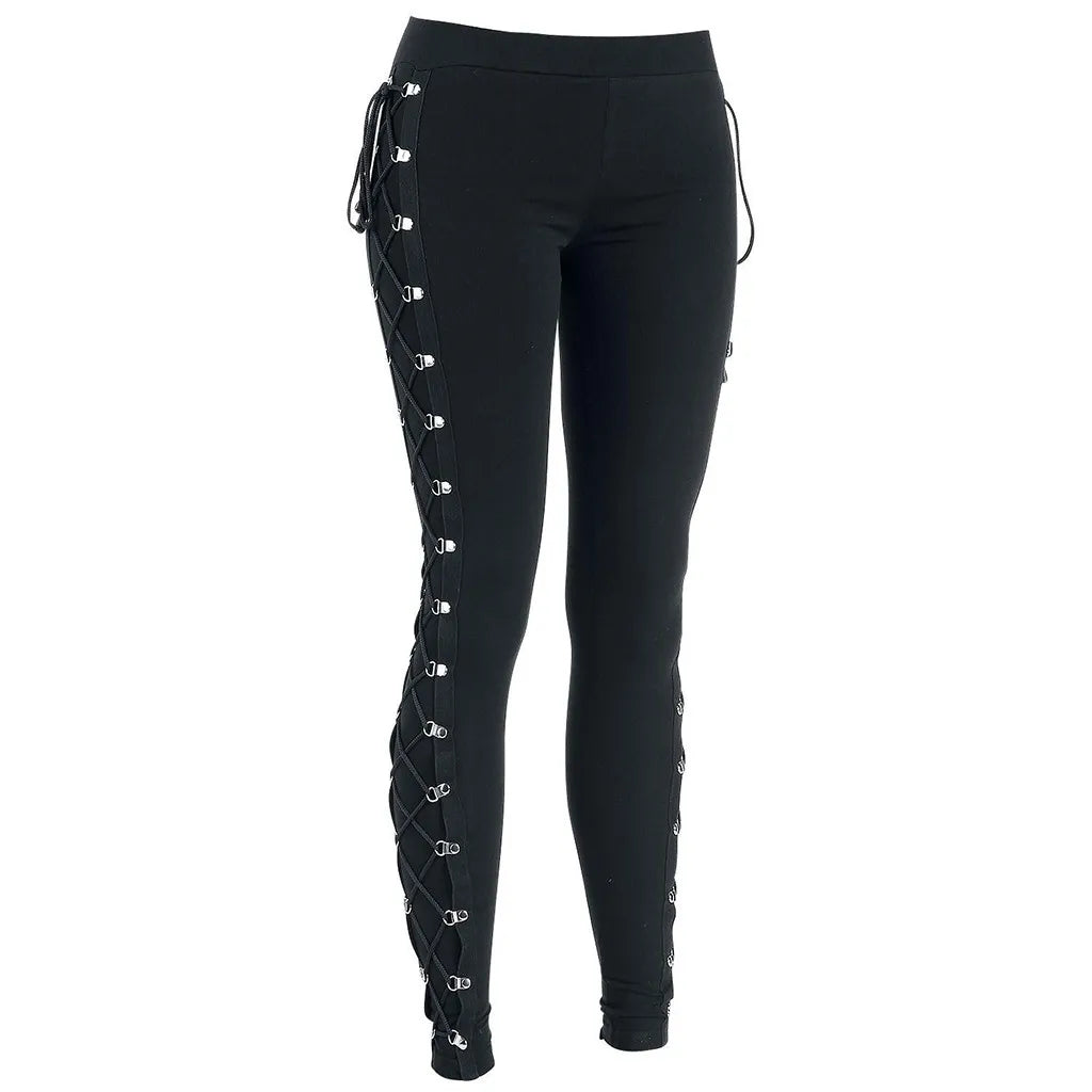 Gothic Leggings Black Vintage Women Punk Lace Up Bottoms Steampunk Pants Legging