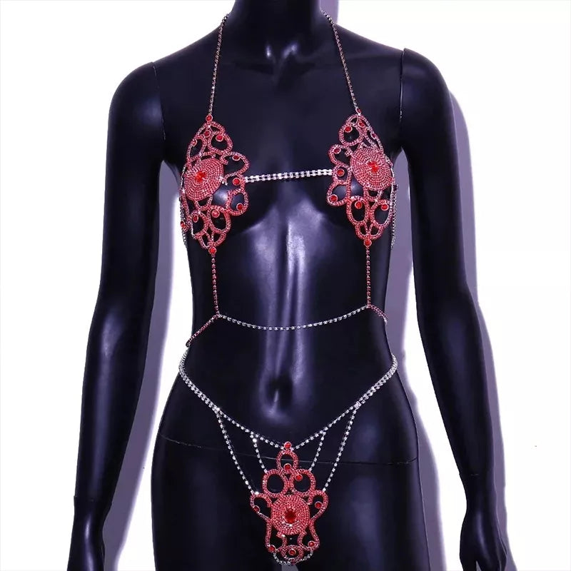 Two Piece Sexy Red Lingerie Set Exotic Lady Bra Thong Waist Chain Chest Underwear Set