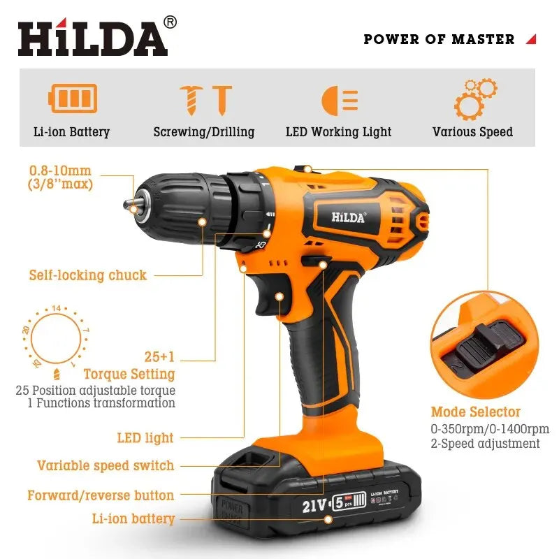 HILDA 12V 16.8V 21V Cordless Drill Electric Screwdriver Mini Wireless Power Driver DC Lithium-Ion Battery