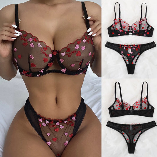 Sexy Lingerie Set Women Embroidery Heart Shape Lace Lingerie Perspective Mesh Bra Briefs Set