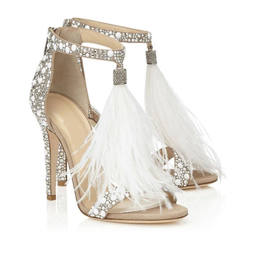 Women Sandals Stiletto High Heels Sandals Rhinestone Feather