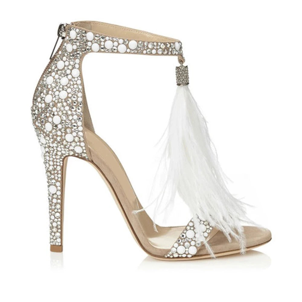 Women Sandals Stiletto High Heels Sandals Rhinestone Feather
