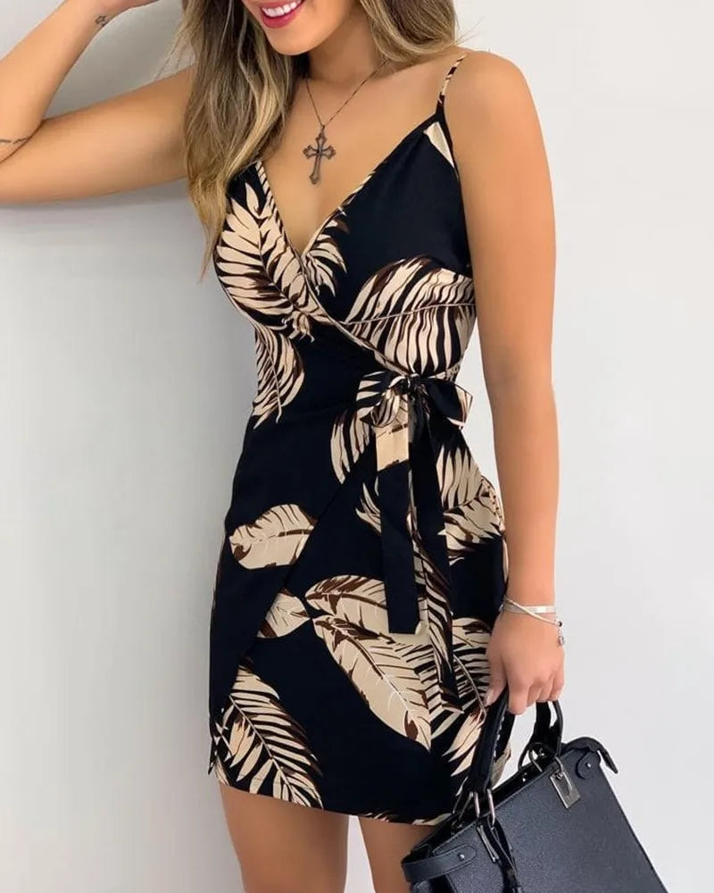 Tropical Print V-Neck Wrap Casual Dress Women Sleeveless