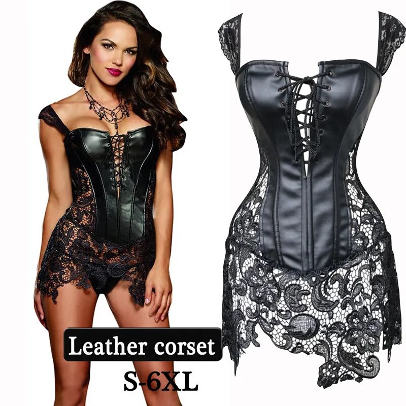 6xl Plus Size Sexy Corsets Steampunk Corset Dress Faux Leather Corselet Zipper Gothic