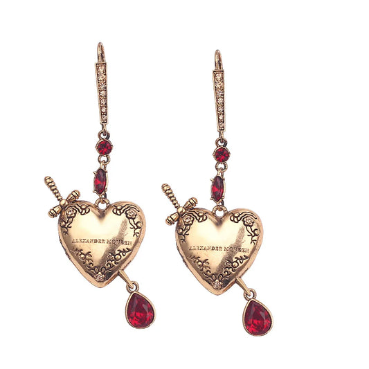 Fashion Vintage Sword Heart Water Droplets Earrings Red Crystal Earrings