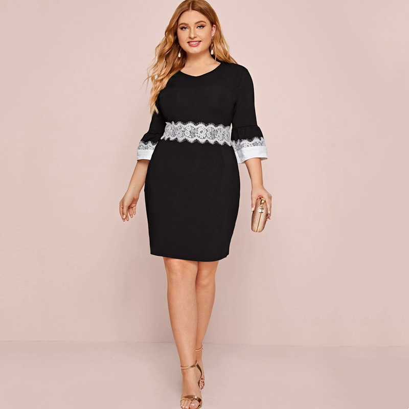 Sleeves Lace Trim V-neck Lace Dress