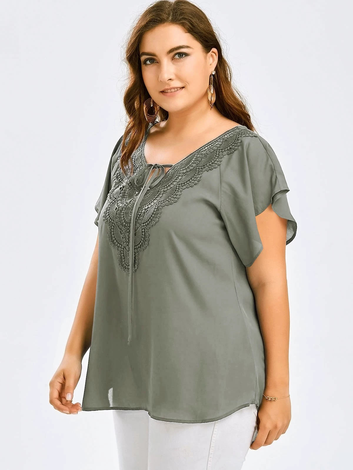 American-Style Large-Size Panel Short-Sleeve Lace top