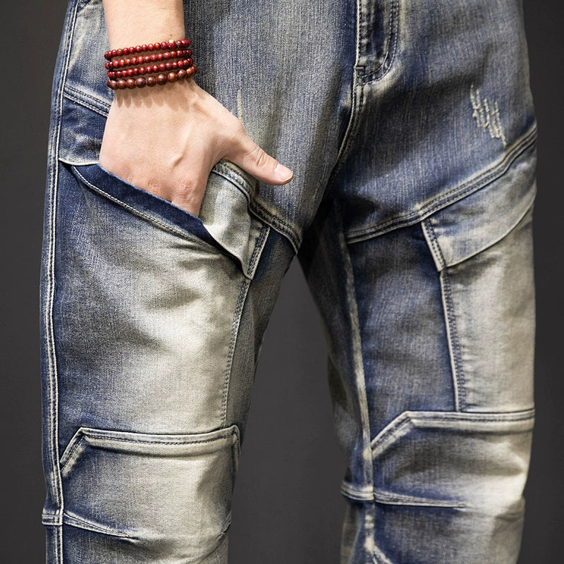 Retro Multi-Pocket Straight-Leg Jeans Loose