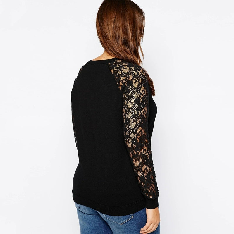 Plus Size Lace Sleeve T-shirt Loose-Fitting Casual Pullover