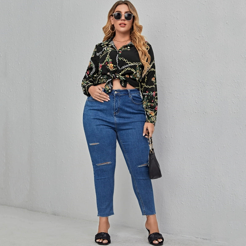 Shirt plus Size Casual Long Sleeve Top with Chain Print