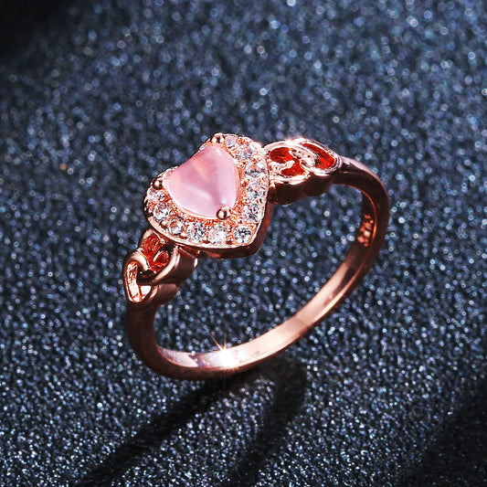 American Popular Heart-Shaped Pink Crystal Rose Gold Ring