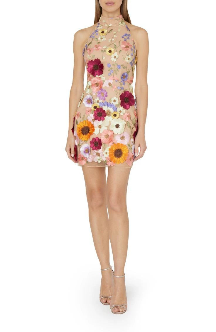 Elegant Dress Fashion Embroidery Three-Dimensional Flower Halter Slim Fit Dress