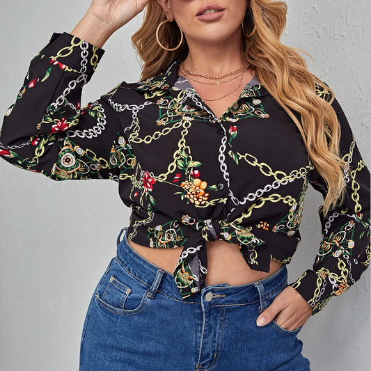 Shirt plus Size Casual Long Sleeve Top with Chain Print