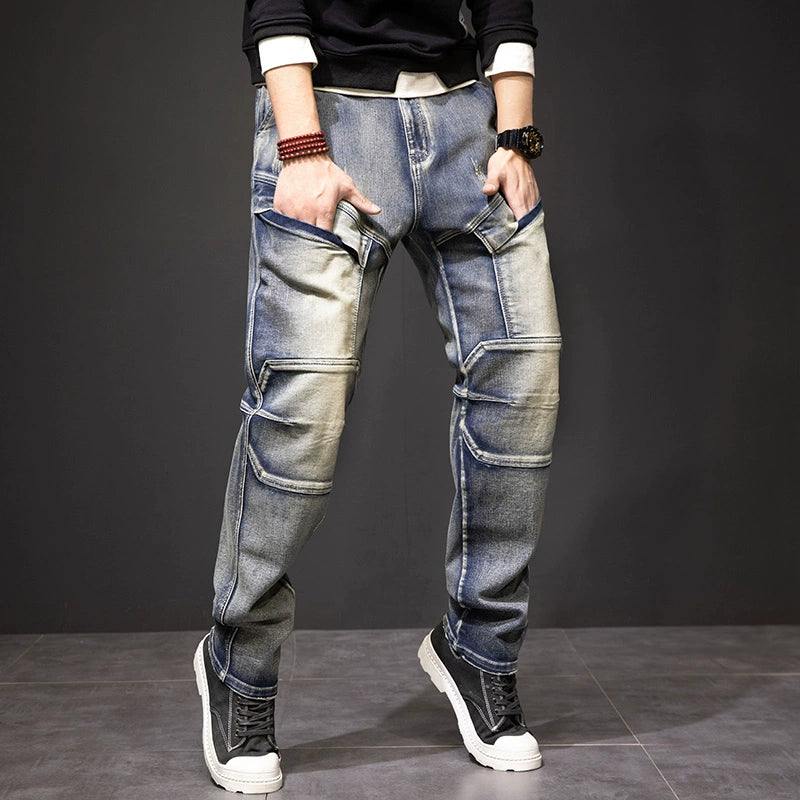 Retro Multi-Pocket Straight-Leg Jeans Loose