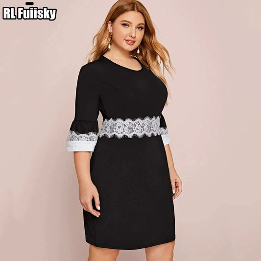 Sleeves Lace Trim V-neck Lace Dress