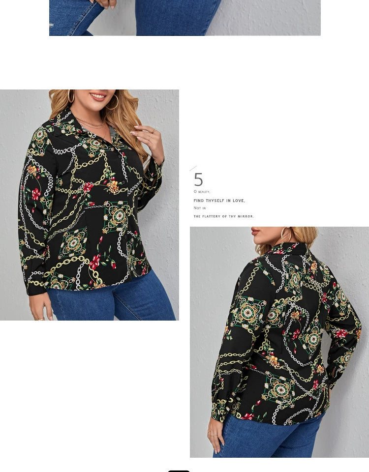 Shirt plus Size Casual Long Sleeve Top with Chain Print