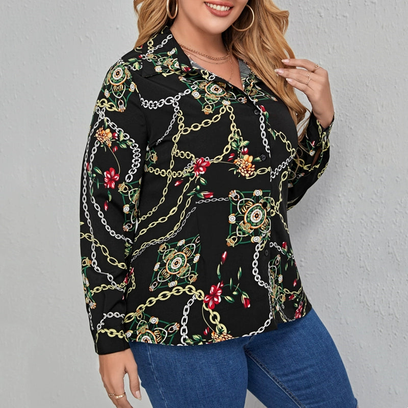 Shirt plus Size Casual Long Sleeve Top with Chain Print