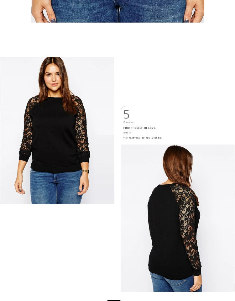 Plus Size Lace Sleeve T-shirt Loose-Fitting Casual Pullover