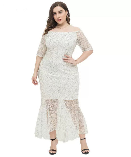 Girl plus Size Fresh Sweet off-Shoulder Sexy Slim Lace Dress