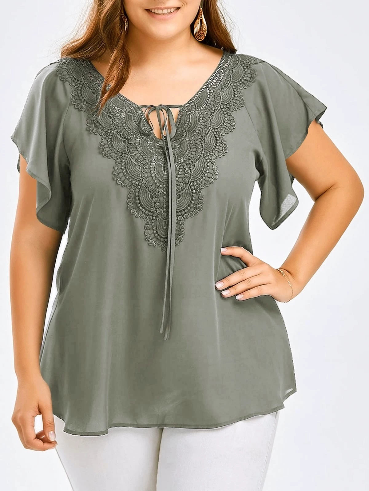 American-Style Large-Size Panel Short-Sleeve Lace top