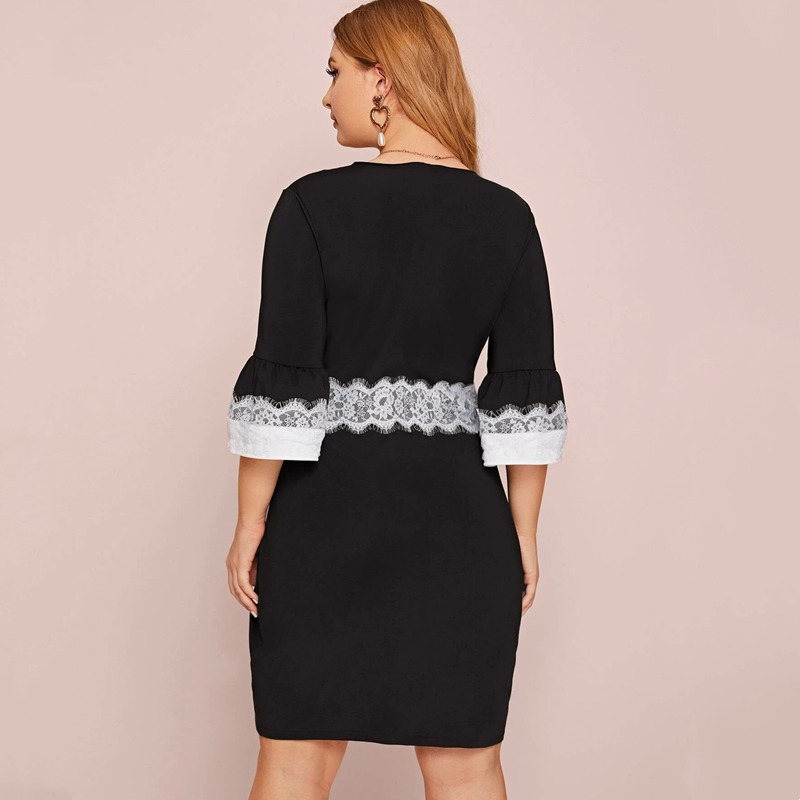 Sleeves Lace Trim V-neck Lace Dress