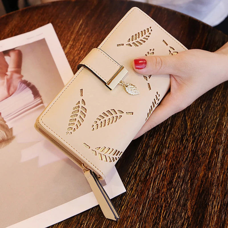 Women Wallet PU Leather Purse Female Long Wallet Gold Hollow Leaves Pouch Handbag