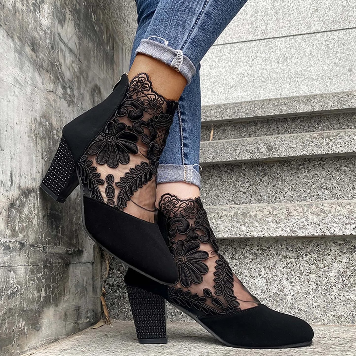 New Vintage Patchwork Embroidery Ankle Boots Women Breathable Mesh Crystal