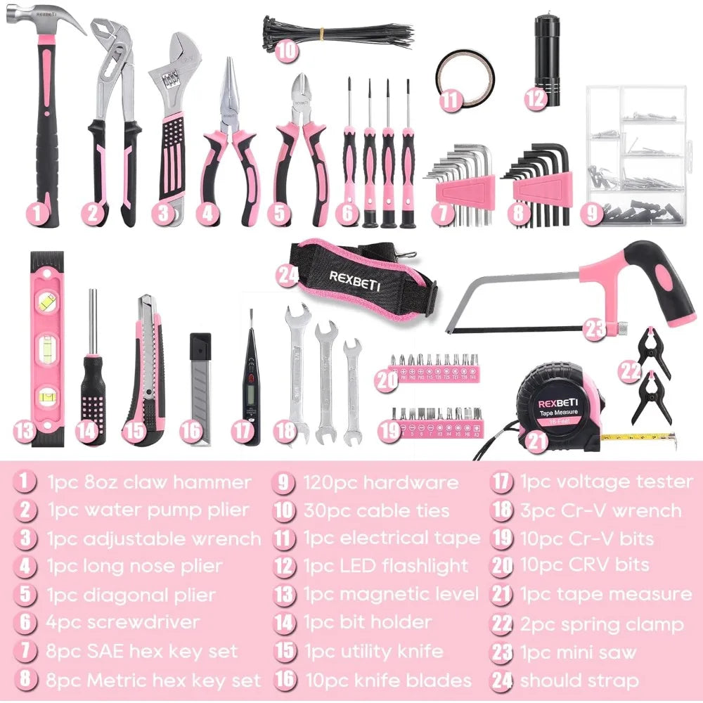 219-Piece Pink l Set, Ladies Hand  Set with 16 inch Tool Bag, Women Home Repairing Tool Kit,