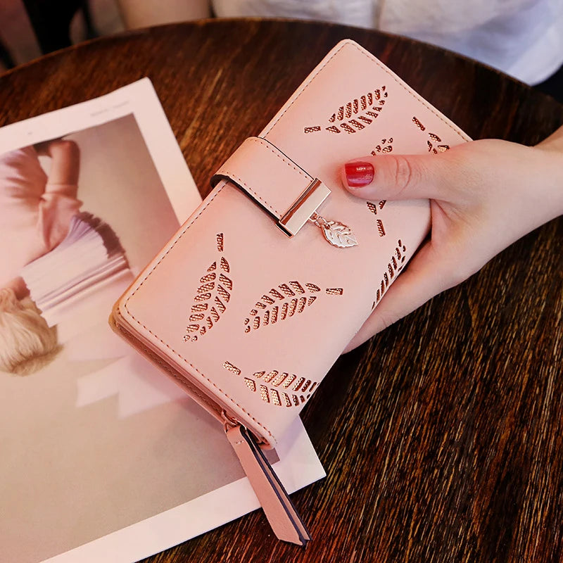 Women Wallet PU Leather Purse Female Long Wallet Gold Hollow Leaves Pouch Handbag