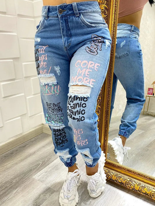 Letter Print Slant Pocket Ripped Jeans Casual Jeans Women