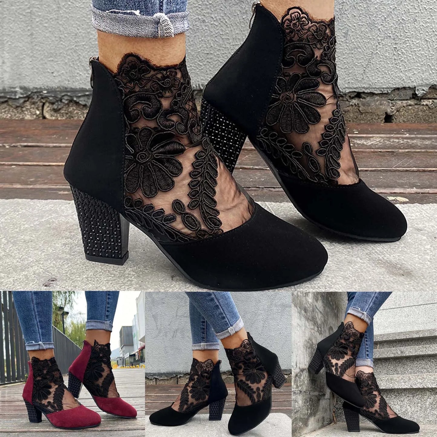 New Vintage Patchwork Embroidery Ankle Boots Women Breathable Mesh Crystal