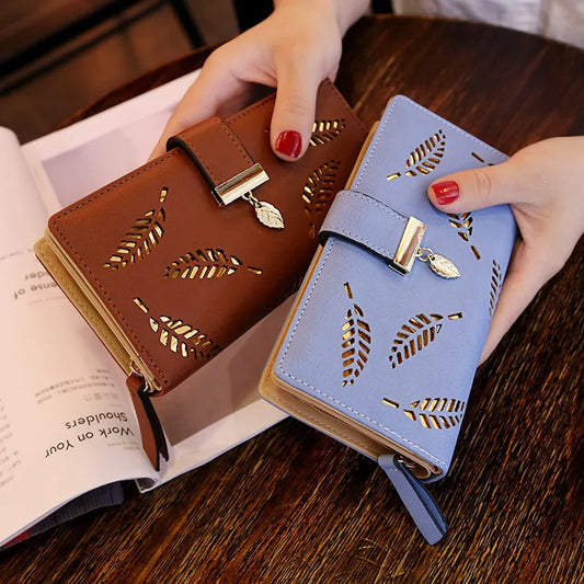 Women Wallet PU Leather Purse Female Long Wallet Gold Hollow Leaves Pouch Handbag