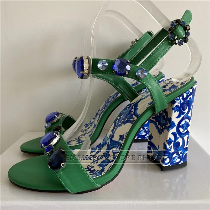 Diamond Crystal Decor Modern Sandals Women Blue And White Porcelain Print Ankle Strap