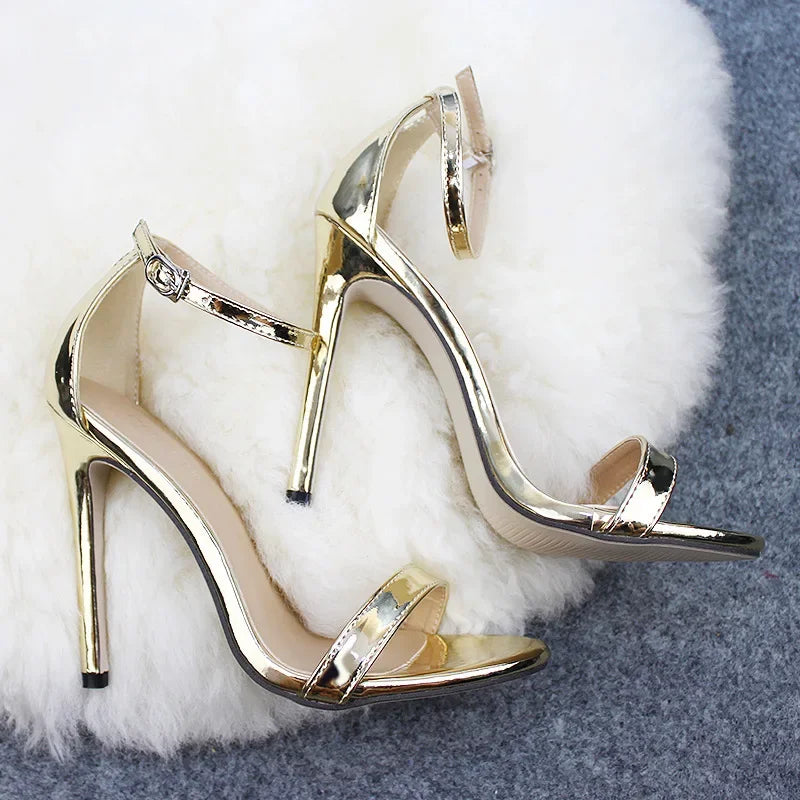 Fashion 10.5CM High Heels Sandals Shoes Round Toe PU Thin High Heels Buckle Strap