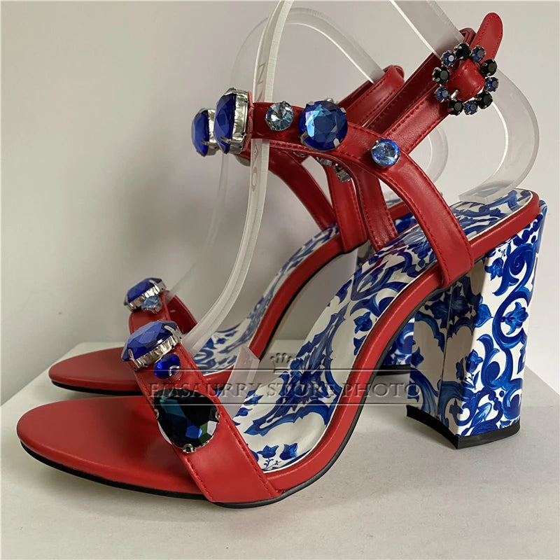 Diamond Crystal Decor Modern Sandals Women Blue And White Porcelain Print Ankle Strap