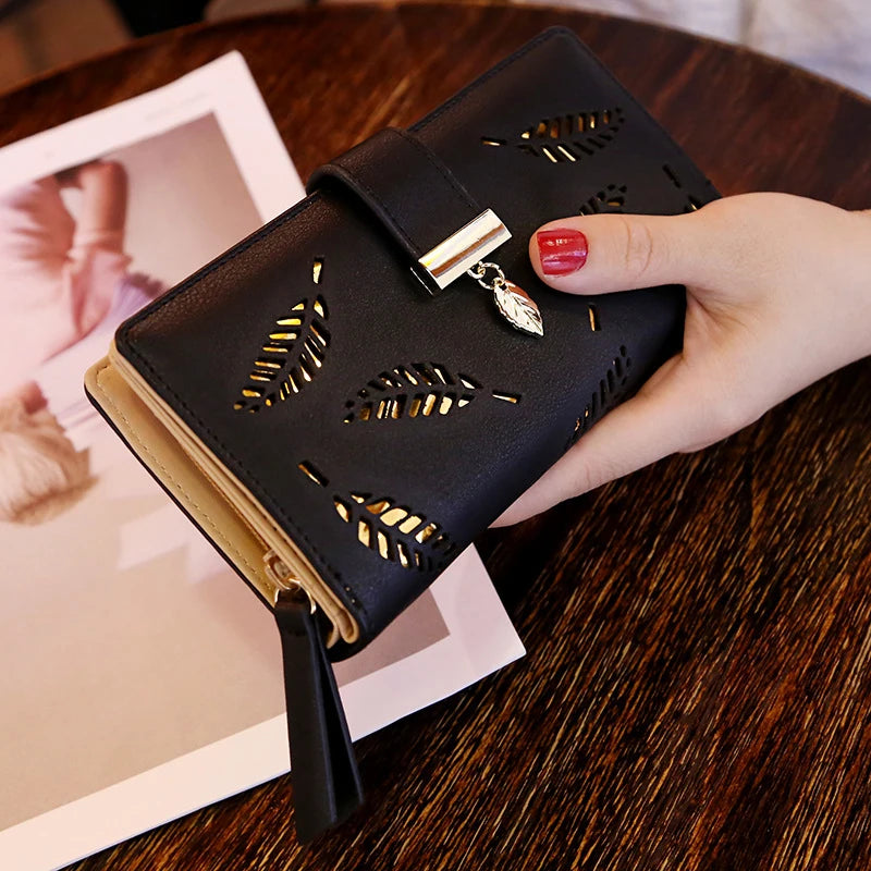 Women Wallet PU Leather Purse Female Long Wallet Gold Hollow Leaves Pouch Handbag