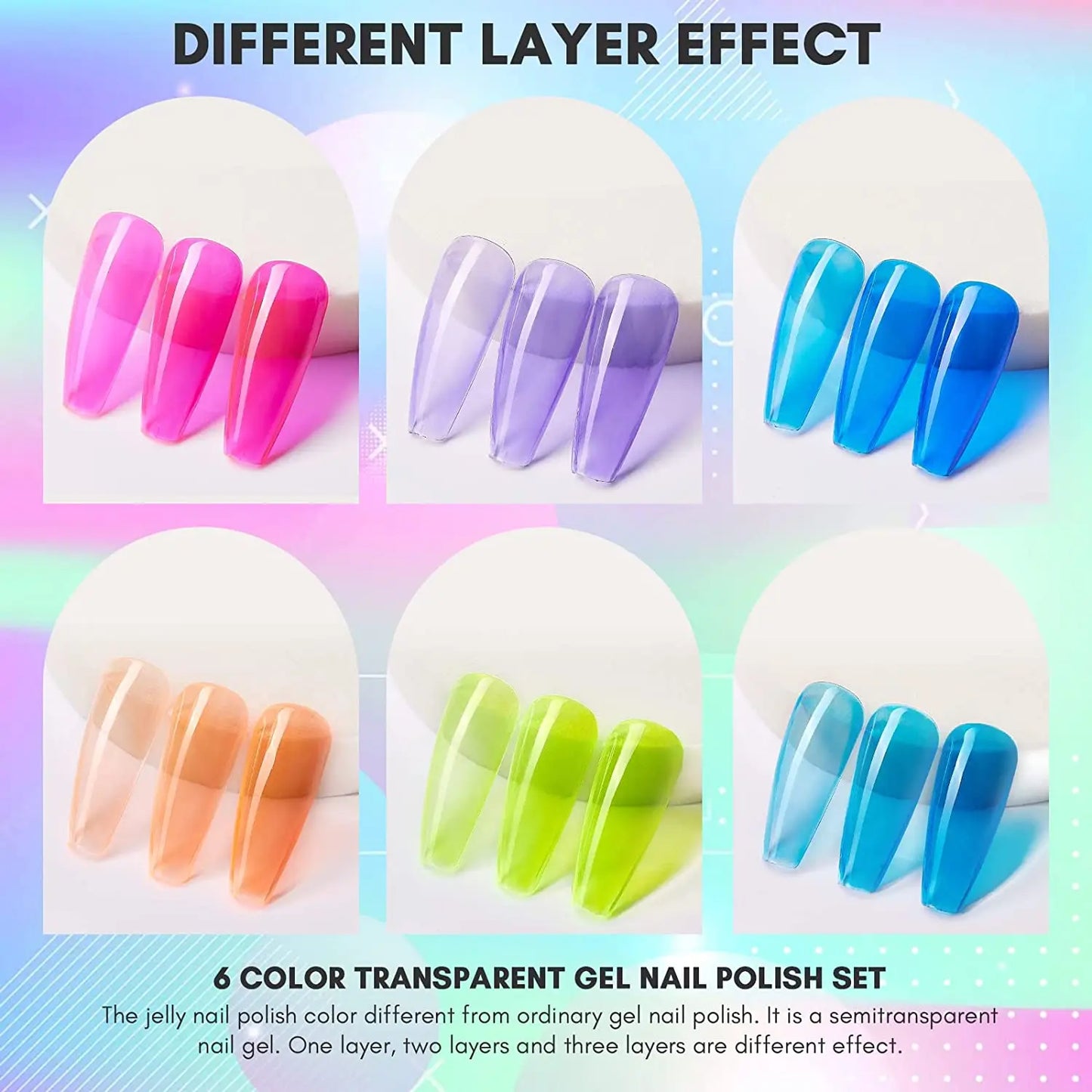 Gel Polish Crystal Rainbow Jelly Gel Nail Kit 6PCS Shiny Resistant Soak