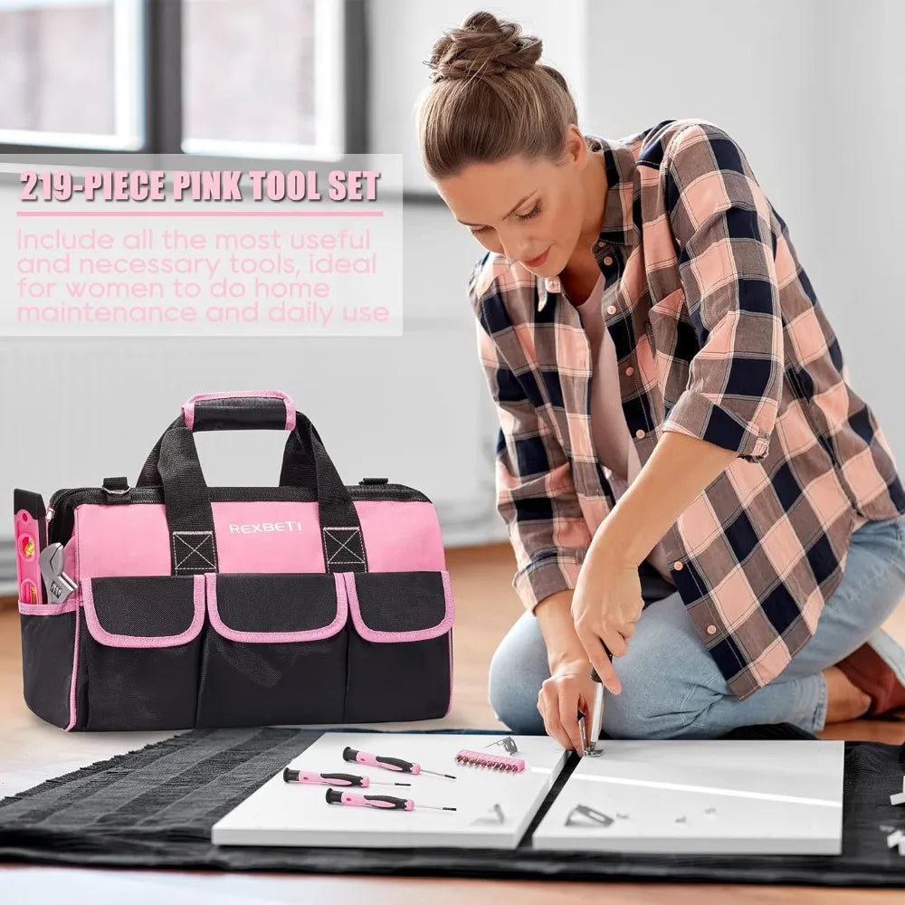 219-Piece Pink l Set, Ladies Hand  Set with 16 inch Tool Bag, Women Home Repairing Tool Kit,