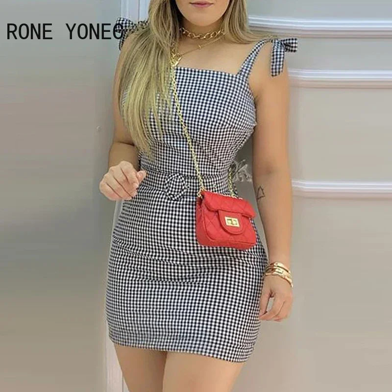 Elegant Dress Tied Shoulder Plaid Mini Dress With Waist Belt