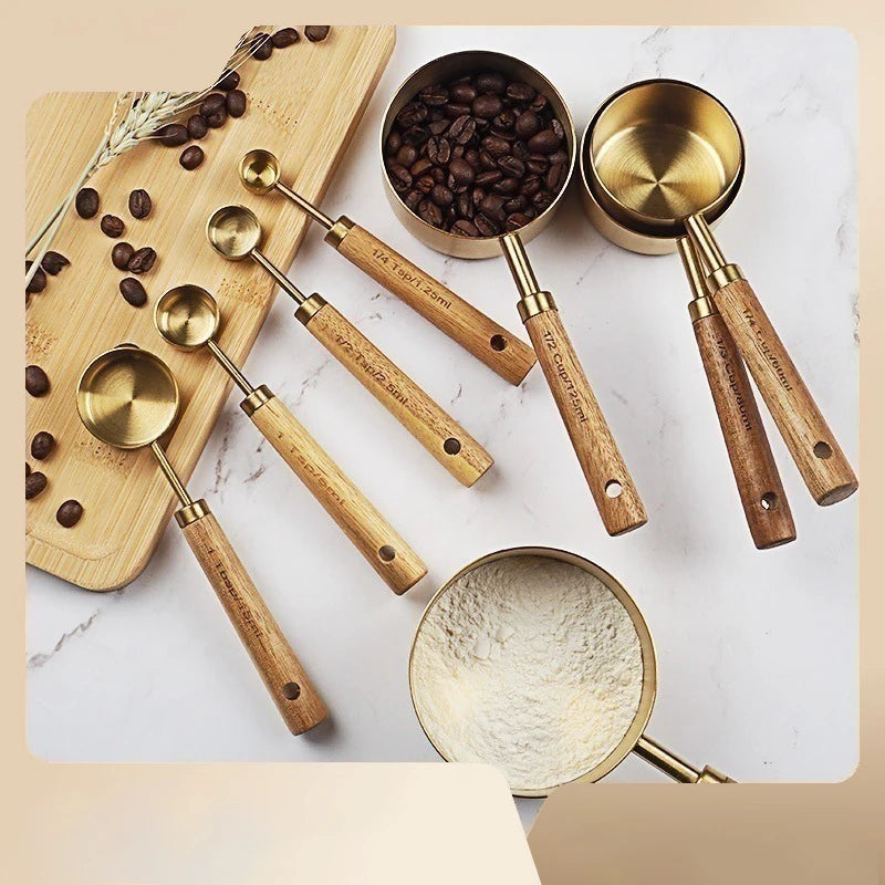 8PCS Wooden Handle Measuring Spoon Stainless Steel Spices Measuring Cup  Scoop Kitchen Accessories