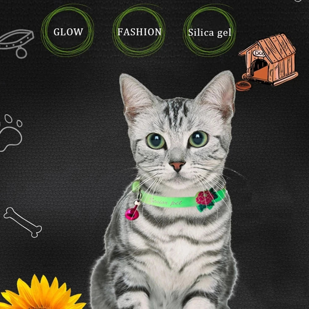 Cat Necklace Glowing Small Dog Cat Collar Anti-Loss Fluorescent Silicone Cat Bell Collar