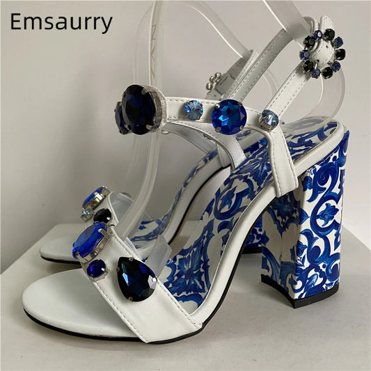 Diamond Crystal Decor Modern Sandals Women Blue And White Porcelain Print Ankle Strap