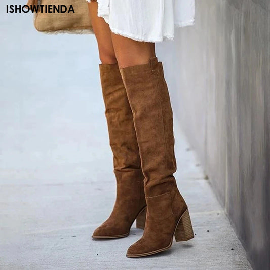 Women Fashion Casual Vintage Retro Long Knee-high Cowboy Boots Square Heel Shoes Boot Woman