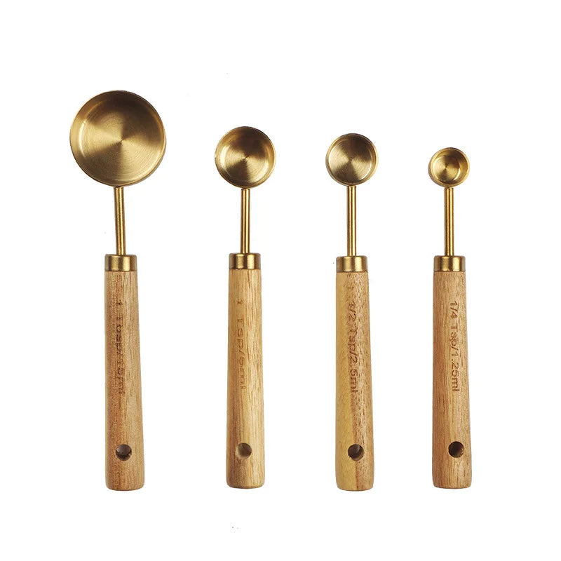 8PCS Wooden Handle Measuring Spoon Stainless Steel Spices Measuring Cup  Scoop Kitchen Accessories