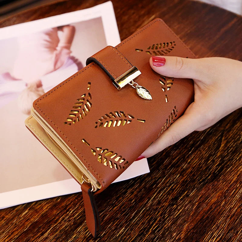 Women Wallet PU Leather Purse Female Long Wallet Gold Hollow Leaves Pouch Handbag