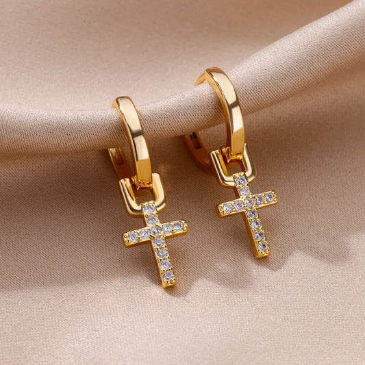 Cross Earrings for Women Gold Color Stainless Steel Earrings