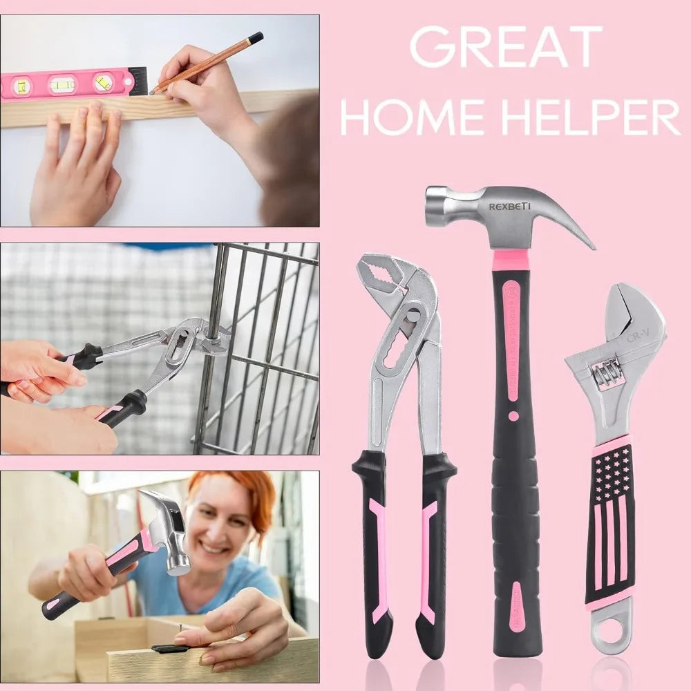 219-Piece Pink l Set, Ladies Hand  Set with 16 inch Tool Bag, Women Home Repairing Tool Kit,